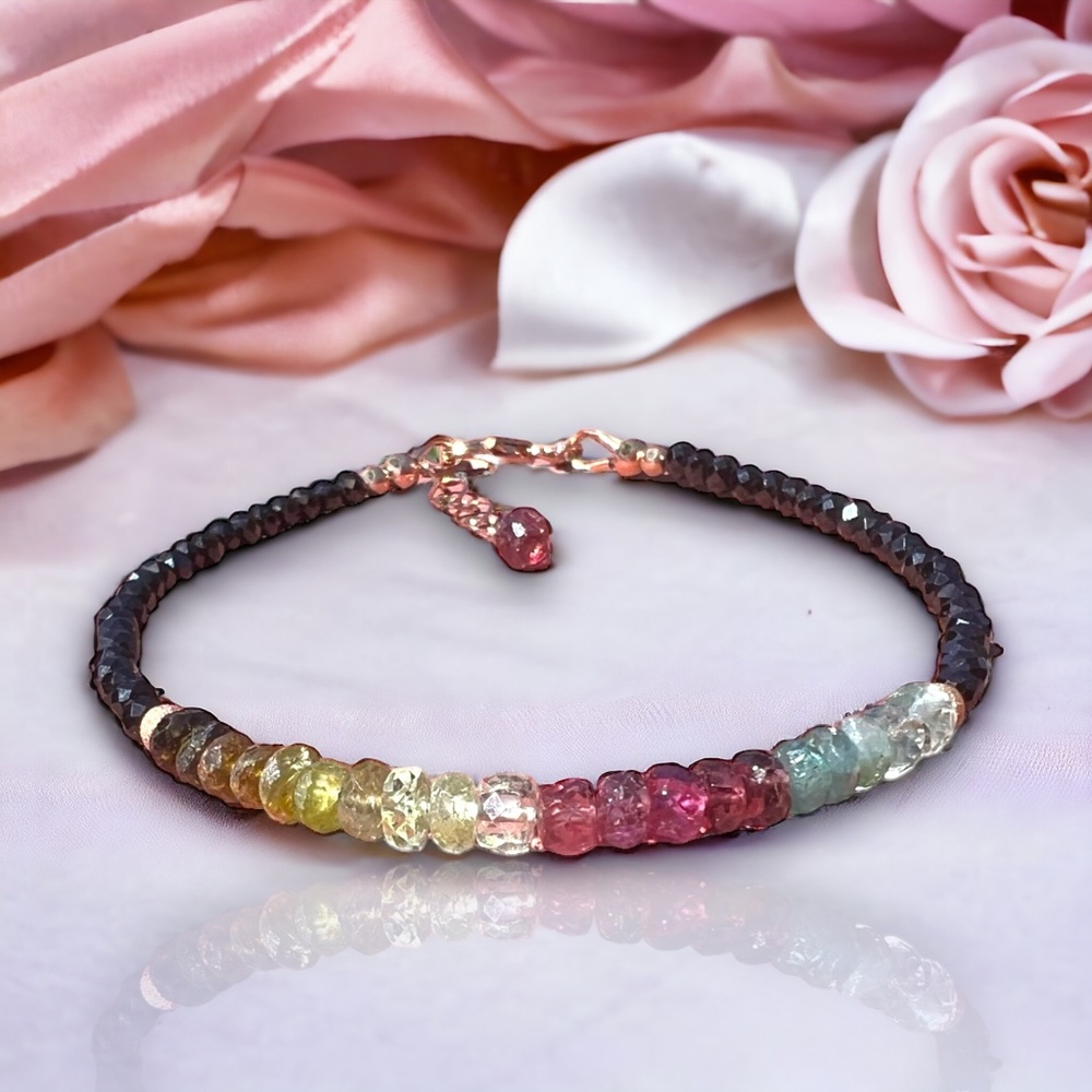 New Natural Rainbow Tourmaline Bracelet 14k Rose Gold Filled 7.1" - 7.6"